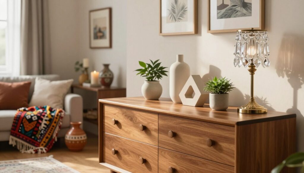 A beautifully arranged living room dresser showcasing decorative items in various styles. In the foreground, a mid-century modern dresser with warm wood tones is adorned with minimalist vases, a geometric sculpture, and a small plant. In the middle ground, a bohemian-inspired setup features colorful textiles, unique pottery, and candles, while a classic, elegant style displays a crystal lamp and framed artwork. The background includes a softly lit room with light-colored walls and tasteful wall art. The atmosphere is warm and inviting, with natural light streaming through a window, casting gentle shadows. Use a shallow depth of field for focus on the dresser, with a slightly blurred background to enhance the elegance of the decor.