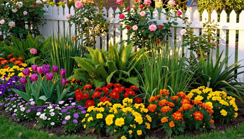 A beautifully designed small garden, showcasing a vibrant selection of flowers ideal for spring to autumn. In the foreground, clusters of colorful blooms like tulips, daisies, and marigolds in various shades of red, yellow, and purple. The middle ground features lush greenery with ferns and ornamental grasses, creating a rich backdrop. In the background, a white picket fence partially obscured by climbing roses adds charm and depth. Soft, golden sunlight filters through, casting gentle shadows and illuminating the garden’s colors, evoking a warm, inviting atmosphere. The scene is captured at a slight angle, resembling a wide shot, emphasizing the garden's layout and plant diversity. A beautifully designed small garden, showcasing a vibrant selection of flowers ideal for spring to autumn. In the foreground, clusters of colorful blooms like tulips, daisies, and marigolds in various shades of red, yellow, and purple. The middle ground features lush greenery with ferns and ornamental grasses, creating a rich backdrop. In the background, a white picket fence partially obscured by climbing roses adds charm and depth. Soft, golden sunlight filters through, casting gentle shadows and illuminating the garden’s colors, evoking a warm, inviting atmosphere. The scene is captured at a slight angle, resembling a wide shot, emphasizing the garden's layout and plant diversity.
