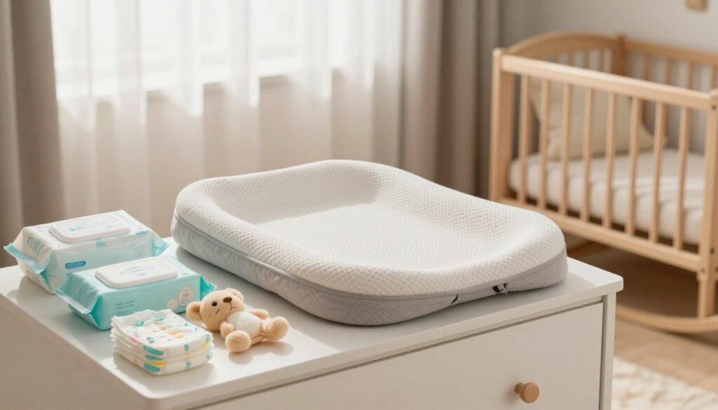 A beautifully organized baby changing area featuring a stylish dresser with a comfortable changing pad on top. In the foreground, the changing station is neatly arranged with essentials such as baby wipes, diapers, and soft toys, all within easy reach. The middle ground shows a gently lit nursery with soft pastel colors, emphasizing a calm and welcoming atmosphere. A wooden rocking chair is positioned nearby, creating a cozy vibe. In the background, light curtains softly filter daylight, enhancing the warm mood of the space. The lens captures the scene from a slightly elevated angle, creating depth and inviting the viewer into this serene environment. The overall atmosphere conveys safety, comfort, and practicality, perfect for parents preparing for changing their little ones.