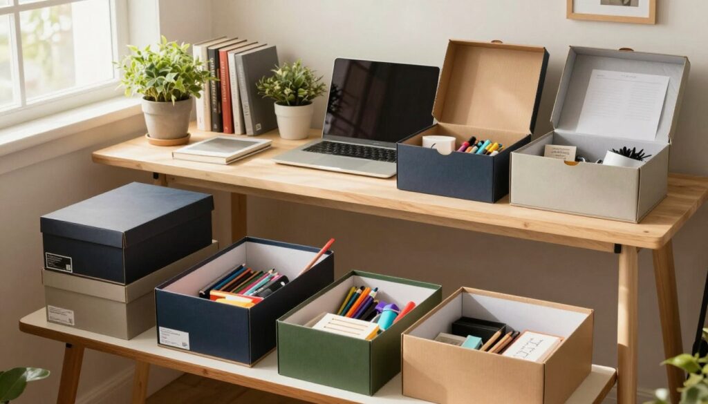 A beautifully organized workspace featuring various repurposed shoe boxes as storage solutions. In the foreground, neatly stacked shoe boxes in different colors and sizes are open, displaying their contents like art supplies, office supplies, and small home decor items. The middle layer showcases a stylish desk adorned with potted plants, books, and a laptop, with the shoe boxes serving as functional and aesthetic organizers. In the background, a softly lit room with a cozy atmosphere, featuring warm tones and natural light filtering through a window. The lens should give a slightly elevated perspective, emphasizing the practical use of these shoe boxes while creating a charming and inviting scene.