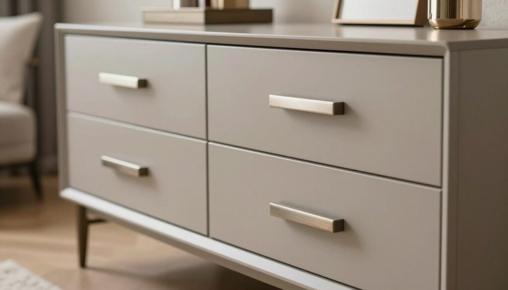 A beautifully styled modern dresser featuring sleek handles and elegant legs that enhance its contemporary design. In the foreground, close-up details of the innovative handles made from brushed metal, displaying unique geometric shapes. The middle ground showcases the dresser itself, a freshly refinished piece with a smooth matte finish, showcasing rich, neutral tones. In the background, softly blurred, there are hints of a stylish living room with neutral decor, enhancing the modern aesthetic. The lighting is soft and natural, illuminating the textures and reflections on the metal surfaces. Capturing a warm and inviting atmosphere, the image should evoke a sense of sophistication and contemporary charm suitable for a home setting. A beautifully styled modern dresser featuring sleek handles and elegant legs that enhance its contemporary design. In the foreground, close-up details of the innovative handles made from brushed metal, displaying unique geometric shapes. The middle ground showcases the dresser itself, a freshly refinished piece with a smooth matte finish, showcasing rich, neutral tones. In the background, softly blurred, there are hints of a stylish living room with neutral decor, enhancing the modern aesthetic. The lighting is soft and natural, illuminating the textures and reflections on the metal surfaces. Capturing a warm and inviting atmosphere, the image should evoke a sense of sophistication and contemporary charm suitable for a home setting.