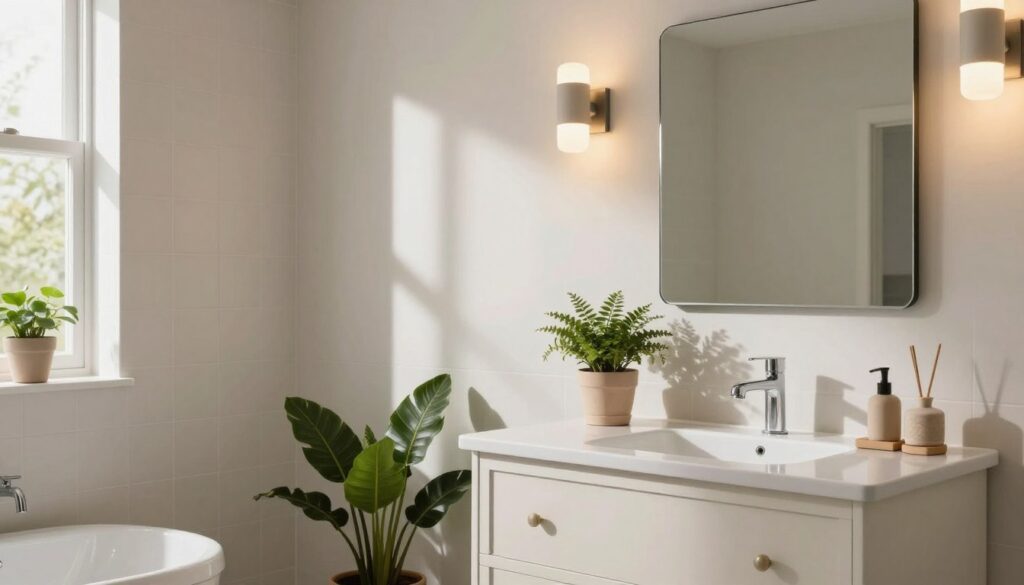 A beautifully transformed modern bathroom featuring stylish, renovated bathroom furniture and elegant lighting. In the foreground, showcase a sleek vanity with a fresh coat of paint, adorned with minimalist decor and lush plants. The middle section highlights contemporary wall-mounted lighting fixtures that cast a warm glow, creating inviting shadows. The background reveals a tastefully tiled wall and a chic mirror, reflecting the harmonious design. Use soft, diffused natural light to enhance the serene atmosphere. The scene should evoke a sense of calm and renewal, perfect for illustrating a stylish and cost-effective bathroom makeover. A beautifully transformed modern bathroom featuring stylish, renovated bathroom furniture and elegant lighting. In the foreground, showcase a sleek vanity with a fresh coat of paint, adorned with minimalist decor and lush plants. The middle section highlights contemporary wall-mounted lighting fixtures that cast a warm glow, creating inviting shadows. The background reveals a tastefully tiled wall and a chic mirror, reflecting the harmonious design. Use soft, diffused natural light to enhance the serene atmosphere. The scene should evoke a sense of calm and renewal, perfect for illustrating a stylish and cost-effective bathroom makeover.