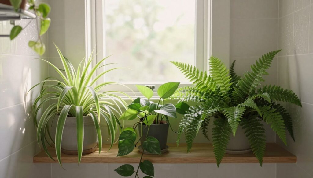 A bright and inviting bathroom scene featuring a variety of lush, green plants that thrive in humidity and limited natural light. In the foreground, showcase a beautifully arranged shelf with different species of bathroom plants, such as spider plants, pothos, and ferns, each displaying vibrant leaves. The middle ground includes a small, elegant window letting in soft, diffused natural light, casting gentle shadows across the room. The background features tasteful bathroom tiles and a hint of sparkling fixtures that reflect the serene atmosphere. Use warm lighting to create a cozy mood, and capture the image from a slightly elevated angle to emphasize the harmony between the plants and the bright, airy space. A bright and inviting bathroom scene featuring a variety of lush, green plants that thrive in humidity and limited natural light. In the foreground, showcase a beautifully arranged shelf with different species of bathroom plants, such as spider plants, pothos, and ferns, each displaying vibrant leaves. The middle ground includes a small, elegant window letting in soft, diffused natural light, casting gentle shadows across the room. The background features tasteful bathroom tiles and a hint of sparkling fixtures that reflect the serene atmosphere. Use warm lighting to create a cozy mood, and capture the image from a slightly elevated angle to emphasize the harmony between the plants and the bright, airy space.