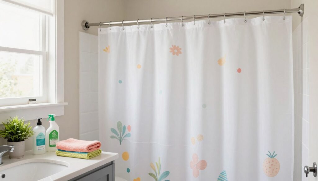 A bright and inviting bathroom space showcasing a budget-friendly renovation. In the foreground, a neatly organized countertop with eco-friendly cleaning supplies and decorative accents such as a small plant and colorful towels. In the middle ground, a fresh coat of paint is visible on the walls, elegantly contrasting with the original tiles, enhancing color harmony. A stylish, affordable shower curtain hangs, adorned with cheerful patterns. The background features a well-lit window allowing natural light to flood in, illuminating the refreshed atmosphere. The scene embodies a light, airy mood, highlighting simple yet effective improvements without the need for tile replacement. Captured from a slightly elevated angle to emphasize the space and organization, creating a sense of openness and tranquility. A bright and inviting bathroom space showcasing a budget-friendly renovation. In the foreground, a neatly organized countertop with eco-friendly cleaning supplies and decorative accents such as a small plant and colorful towels. In the middle ground, a fresh coat of paint is visible on the walls, elegantly contrasting with the original tiles, enhancing color harmony. A stylish, affordable shower curtain hangs, adorned with cheerful patterns. The background features a well-lit window allowing natural light to flood in, illuminating the refreshed atmosphere. The scene embodies a light, airy mood, highlighting simple yet effective improvements without the need for tile replacement. Captured from a slightly elevated angle to emphasize the space and organization, creating a sense of openness and tranquility.