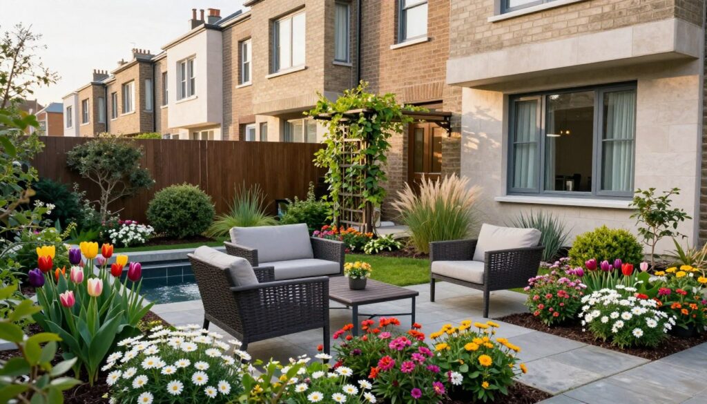 A charming small garden designed next to a modern townhouse in a row of terraced houses. In the foreground, a cozy seating area with stylish outdoor furniture surrounded by vibrant flower beds that include colorful blooms like daisies and tulips. A narrow stone path winds through the garden, leading to a small water feature, adding a serene element. The middle ground showcases well-structured plantings, including a mix of shrubs and ornamental grasses, while a trellis covered with climbing vines creates a focal point. In the background, the facades of the row houses stand gracefully, framed by soft afternoon sunlight. The overall atmosphere is peaceful, inviting, and perfect for relaxation, capturing the essence of a well-planned small garden. A charming small garden designed next to a modern townhouse in a row of terraced houses. In the foreground, a cozy seating area with stylish outdoor furniture surrounded by vibrant flower beds that include colorful blooms like daisies and tulips. A narrow stone path winds through the garden, leading to a small water feature, adding a serene element. The middle ground showcases well-structured plantings, including a mix of shrubs and ornamental grasses, while a trellis covered with climbing vines creates a focal point. In the background, the facades of the row houses stand gracefully, framed by soft afternoon sunlight. The overall atmosphere is peaceful, inviting, and perfect for relaxation, capturing the essence of a well-planned small garden.
