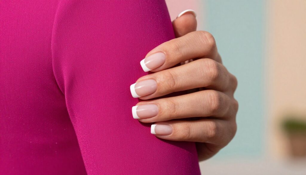 A close-up of a well-manicured hand displaying a classic French manicure, perfectly groomed nails adorned with a white tip and a subtle, nude base. The hand gracefully holds a stylish fuchsia dress, showcasing the shimmering fabric that enhances its vibrant color. The background features a softly blurred blend of pastel colors, creating an elegant and sophisticated atmosphere. The lighting is warm and inviting, accentuating the gloss of the nails and the richness of the dress. The scene is shot from a slight angle to highlight the contrast between the classic nail design and the bold fashion statement of the fuchsia dress, exuding a mood of chic elegance and harmonious style.