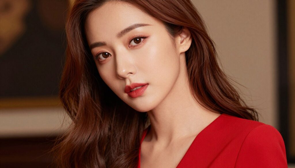 A close-up of a woman showcasing stylish makeup that complements her vibrant red dress, highlighting her hair color. The subject has long, flowing hair that matches the hues in the dress. The makeup features a soft, elegant palette with subtle reds and warm tones, adding a natural glow to her complexion. The background is softly blurred, featuring a hint of a chic interior setting, enhancing the focus on the woman. The lighting is warm and inviting, casting a gentle glow on her face. The angle is slightly tilted, offering a dynamic view of her makeup and attire. The overall mood is sophisticated and polished, embodying a sense of elegance without excess. A close-up of a woman showcasing stylish makeup that complements her vibrant red dress, highlighting her hair color. The subject has long, flowing hair that matches the hues in the dress. The makeup features a soft, elegant palette with subtle reds and warm tones, adding a natural glow to her complexion. The background is softly blurred, featuring a hint of a chic interior setting, enhancing the focus on the woman. The lighting is warm and inviting, casting a gentle glow on her face. The angle is slightly tilted, offering a dynamic view of her makeup and attire. The overall mood is sophisticated and polished, embodying a sense of elegance without excess.