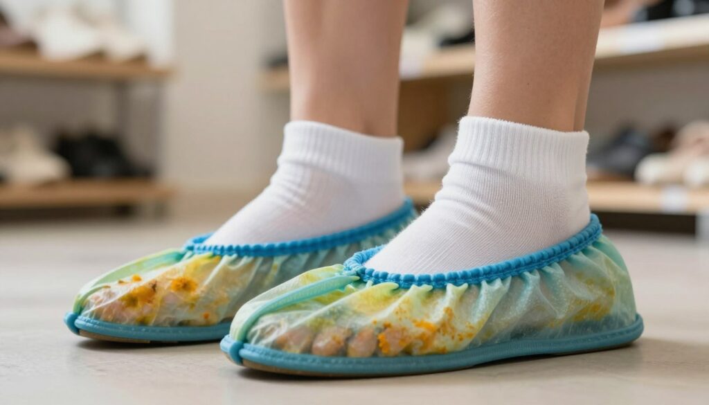 A close-up scene focusing on a pair of feet wearing protective shoe covers designed to prevent dye stains, set against a softly lit background. The foreground shows the textured rubber of the shoe covers, showcasing their vibrant colors, while the middle ground features a pair of clean white socks peeking out. The background is blurred to emphasize the footwear, with a hint of a workshop or shoe store ambiance. Natural light filters in, creating a warm and inviting atmosphere. The overall mood conveys safety and protection, ideal for demonstrating effective methods to safeguard feet and socks from dye transfer. The image should not contain any text or branding elements. A close-up scene focusing on a pair of feet wearing protective shoe covers designed to prevent dye stains, set against a softly lit background. The foreground shows the textured rubber of the shoe covers, showcasing their vibrant colors, while the middle ground features a pair of clean white socks peeking out. The background is blurred to emphasize the footwear, with a hint of a workshop or shoe store ambiance. Natural light filters in, creating a warm and inviting atmosphere. The overall mood conveys safety and protection, ideal for demonstrating effective methods to safeguard feet and socks from dye transfer. The image should not contain any text or branding elements.