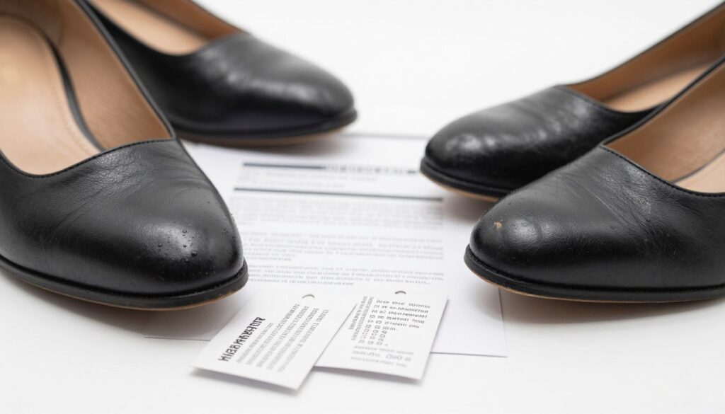 A close-up view of a pair of high-quality shoes on a pristine white background, showcasing subtle signs of wear and tear that might indicate a potential defect. In the foreground, there are detailed labels or tags that signify warranty terms and conditions, elegantly arranged alongside the shoes. The middle ground features a blurred document with highlighted sections discussing shoe claim terms and assumptions of defects, emphasizing legal context. The background is subtly lit for a soft, professional atmosphere, evoking a sense of seriousness and diligence in consumer rights. Incorporate overhead lighting to create gentle shadows, giving depth to the shoes while maintaining a clean and organized feel. The overall mood should be one of professionalism and clarity, suitable for an informative article segment. A close-up view of a pair of high-quality shoes on a pristine white background, showcasing subtle signs of wear and tear that might indicate a potential defect. In the foreground, there are detailed labels or tags that signify warranty terms and conditions, elegantly arranged alongside the shoes. The middle ground features a blurred document with highlighted sections discussing shoe claim terms and assumptions of defects, emphasizing legal context. The background is subtly lit for a soft, professional atmosphere, evoking a sense of seriousness and diligence in consumer rights. Incorporate overhead lighting to create gentle shadows, giving depth to the shoes while maintaining a clean and organized feel. The overall mood should be one of professionalism and clarity, suitable for an informative article segment.