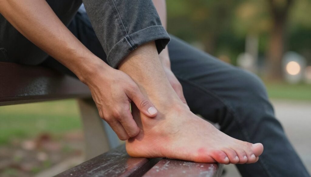 A close-up view of a person sitting on a bench, visibly uncomfortable, rubbing their foot due to friction caused by poorly fitting shoes. The focus is on the foot, showing a glimpse of red, irritated skin around the heel and toes, contrasted against the shoe half-off. In the background, a softly blurred park scene under natural lighting, creating an atmosphere of everyday life. The person is dressed in smart casual clothing, reflecting a relatable and modest style. The angle is slightly above, emphasizing the foot's irritation while maintaining a respectful view of the individual's lower body. The warm light of late afternoon enhances the realism of the scene, conveying a sense of urgency and discomfort. A close-up view of a person sitting on a bench, visibly uncomfortable, rubbing their foot due to friction caused by poorly fitting shoes. The focus is on the foot, showing a glimpse of red, irritated skin around the heel and toes, contrasted against the shoe half-off. In the background, a softly blurred park scene under natural lighting, creating an atmosphere of everyday life. The person is dressed in smart casual clothing, reflecting a relatable and modest style. The angle is slightly above, emphasizing the foot's irritation while maintaining a respectful view of the individual's lower body. The warm light of late afternoon enhances the realism of the scene, conveying a sense of urgency and discomfort.