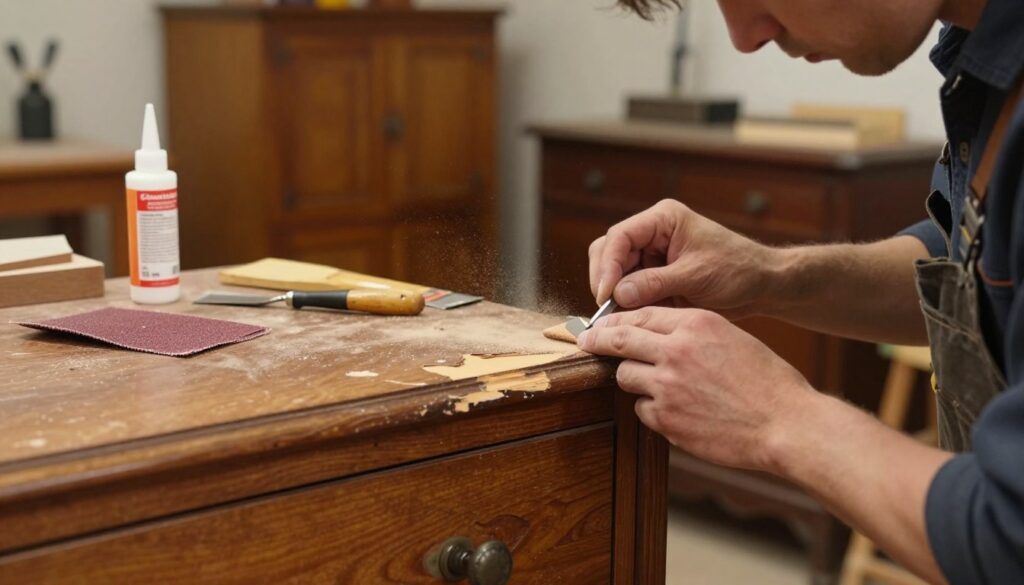 A close-up view of a skilled artisan repairing wood and veneer damage on a classic wooden chest of drawers. In the foreground, the artisan, dressed in professional work attire, focuses intently on sanding down a worn corner of the furniture piece, dust particles illuminated by soft overhead lighting. In the middle, various tools like wood glue, sandpaper, and a putty knife lie scattered, highlighting the restoration process. The background features a cozy workshop filled with vintage furniture and warm wooden tones, creating an inviting atmosphere. The overall mood is one of careful craftsmanship and dedication, showcasing the intricate details involved in revitalizing old furniture. The scene is captured in a soft-focus lens, emphasizing the artisan's meticulous work. A close-up view of a skilled artisan repairing wood and veneer damage on a classic wooden chest of drawers. In the foreground, the artisan, dressed in professional work attire, focuses intently on sanding down a worn corner of the furniture piece, dust particles illuminated by soft overhead lighting. In the middle, various tools like wood glue, sandpaper, and a putty knife lie scattered, highlighting the restoration process. The background features a cozy workshop filled with vintage furniture and warm wooden tones, creating an inviting atmosphere. The overall mood is one of careful craftsmanship and dedication, showcasing the intricate details involved in revitalizing old furniture. The scene is captured in a soft-focus lens, emphasizing the artisan's meticulous work.