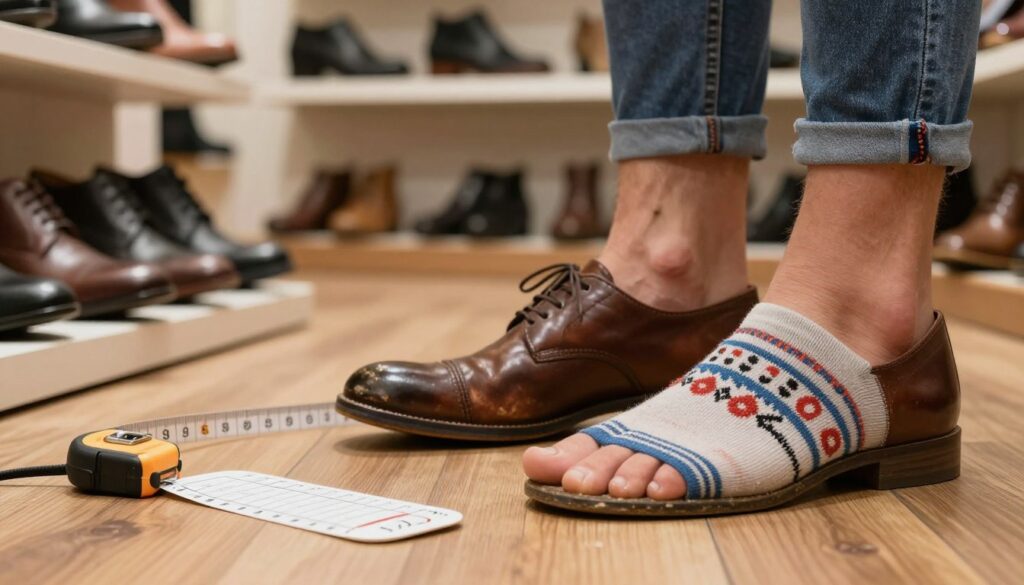 A close-up view of a stylish pair of new shoes resting on a wooden floor, displaying visible signs of wear like scuff marks and creased leather. In the foreground, there are blistered heels of a pair of feet wearing aesthetic socks, illustrating discomfort. The middle ground features a measuring tape and a foot size guide, emphasizing the importance of correct shoe sizes. In the background, a softly lit shoe store filled with various shoe styles and sizes, suggesting a sense of searching for the perfect fit. The ambient light is warm and inviting, creating a calm atmosphere, while the overall composition speaks to common shoe-related issues and their solutions, desired for a helpful guide. A close-up view of a stylish pair of new shoes resting on a wooden floor, displaying visible signs of wear like scuff marks and creased leather. In the foreground, there are blistered heels of a pair of feet wearing aesthetic socks, illustrating discomfort. The middle ground features a measuring tape and a foot size guide, emphasizing the importance of correct shoe sizes. In the background, a softly lit shoe store filled with various shoe styles and sizes, suggesting a sense of searching for the perfect fit. The ambient light is warm and inviting, creating a calm atmosphere, while the overall composition speaks to common shoe-related issues and their solutions, desired for a helpful guide.