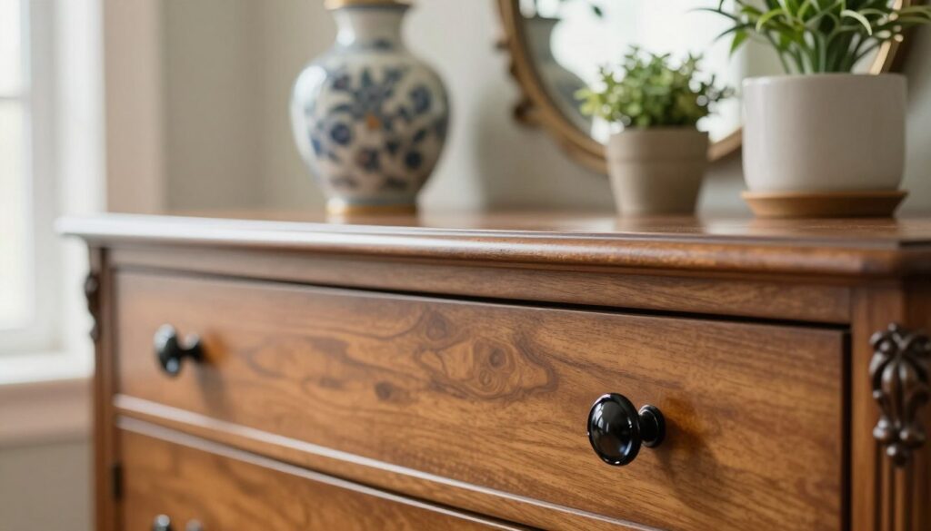 A close-up view of an elegant wooden dresser featuring exquisite black glass knobs and decorative accents. In the foreground, focus on the glossy black glass knobs, showcasing their smooth surfaces and intricate designs. The middle layer should highlight decorative elements such as stylish ceramic vases and small potted plants, arranged artfully atop the dresser's surface. The background can include soft, blurred tones of a well-lit room, emphasizing natural light filtering through a nearby window, creating a warm and inviting atmosphere. Use a shallow depth of field to keep the attention on the knobs and decor, capturing a serene, refined mood that conveys the beauty of transforming furniture with simple yet impactful details. A close-up view of an elegant wooden dresser featuring exquisite black glass knobs and decorative accents. In the foreground, focus on the glossy black glass knobs, showcasing their smooth surfaces and intricate designs. The middle layer should highlight decorative elements such as stylish ceramic vases and small potted plants, arranged artfully atop the dresser's surface. The background can include soft, blurred tones of a well-lit room, emphasizing natural light filtering through a nearby window, creating a warm and inviting atmosphere. Use a shallow depth of field to keep the attention on the knobs and decor, capturing a serene, refined mood that conveys the beauty of transforming furniture with simple yet impactful details.