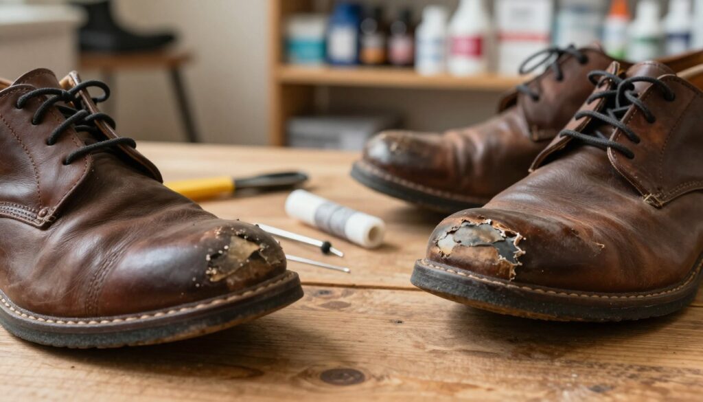 A close-up view of damaged footwear showcasing various types of mechanical damage, such as scuffs, tears, and sole detachment. The foreground features a pair of worn leather shoes with visible abrasions and creases, placed on a textured wooden surface. In the middle ground, scattered shoe repair tools like needles, thread, and adhesive can be seen, suggesting an attempt to fix the damages. The background includes a soft-focus workshop environment with shelves filled with shoe-care products, enhancing the feeling of repair. The scene is illuminated with soft, natural light, creating a warm and inviting atmosphere, captured from a slightly elevated angle to highlight the details of the damage clearly. A close-up view of damaged footwear showcasing various types of mechanical damage, such as scuffs, tears, and sole detachment. The foreground features a pair of worn leather shoes with visible abrasions and creases, placed on a textured wooden surface. In the middle ground, scattered shoe repair tools like needles, thread, and adhesive can be seen, suggesting an attempt to fix the damages. The background includes a soft-focus workshop environment with shelves filled with shoe-care products, enhancing the feeling of repair. The scene is illuminated with soft, natural light, creating a warm and inviting atmosphere, captured from a slightly elevated angle to highlight the details of the damage clearly.