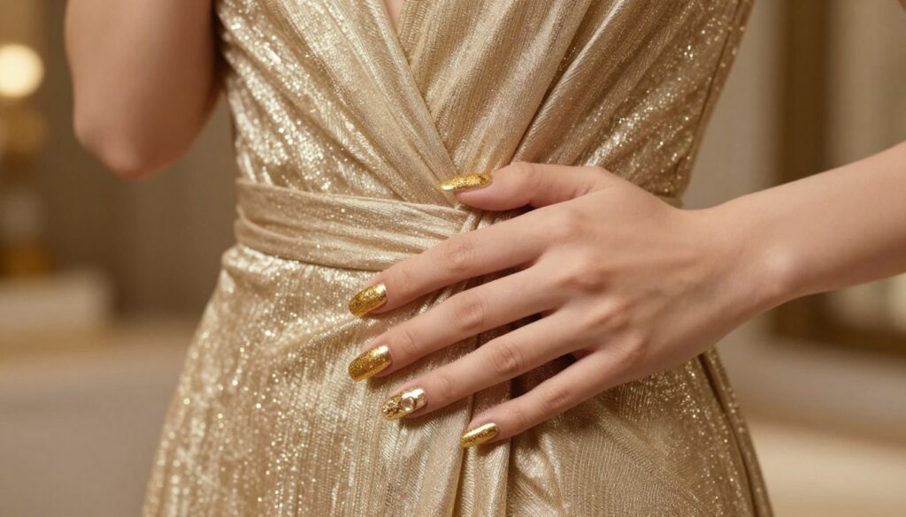A close-up view of elegantly manicured golden nails against a shimmering gold dress, focusing on the intricate nail art that complements the shimmering texture of the fabric. The nails are adorned with subtle gold glitter and delicate accents, conveying sophistication without overwhelming the eye. The background features a softly blurred, luxurious setting, enhancing the elegance of the scene, with warm lighting casting a gentle glow on the nails and fabric. The angle is slightly overhead, allowing the viewer to appreciate both the details of the nails and the dress. The atmosphere is refined and upscale, perfect for a formal occasion, reflecting a sense of balance and restraint in design.