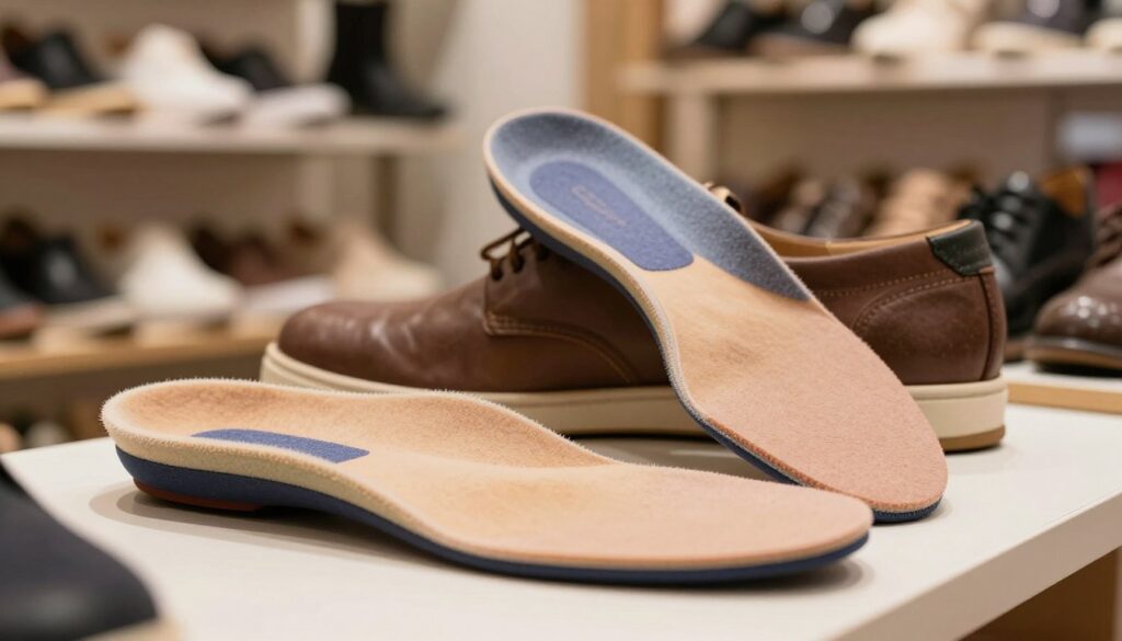 A close-up view of high-quality, comfortable insoles designed for oversized shoes, prominently featured in the foreground. The insoles are made from soft, cushioned materials in vibrant colors, showcasing various shapes to accommodate different shoe styles. In the middle ground, a pair of stylish but oversized shoes are displayed to demonstrate the fit with the insoles placed inside, emphasizing how they help reduce excess space. The background features a softly blurred setting of a cozy shoe store, with warm lighting that creates an inviting atmosphere, highlighting the practicality and comfort of using insoles to improve fit. The image should evoke a sense of comfort and innovation, slightly angled to provide depth and interest.