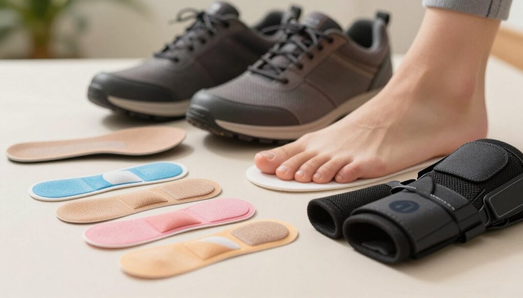 A close-up view of various foot protection accessories designed to prevent blisters and discomfort, displayed on a clean, neutral background. In the foreground, showcase a variety of colorful blister pads, cushioned insoles, and protective sleeves, each neatly organized. The middle ground features a pair of fashionable, yet comfortable shoes that exemplify the types of footwear often associated with foot friction. In the background, softly blurred out, incorporate hints of an outdoor setting to evoke a sense of movement, suggesting these items are perfect for on-the-go individuals. Soft, natural lighting enhances the products’ textures and colors, creating an inviting atmosphere. The image should be bright and professional, suitable for an informative article. A close-up view of various foot protection accessories designed to prevent blisters and discomfort, displayed on a clean, neutral background. In the foreground, showcase a variety of colorful blister pads, cushioned insoles, and protective sleeves, each neatly organized. The middle ground features a pair of fashionable, yet comfortable shoes that exemplify the types of footwear often associated with foot friction. In the background, softly blurred out, incorporate hints of an outdoor setting to evoke a sense of movement, suggesting these items are perfect for on-the-go individuals. Soft, natural lighting enhances the products’ textures and colors, creating an inviting atmosphere. The image should be bright and professional, suitable for an informative article.