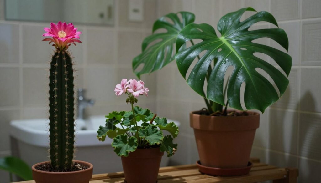 A collection of houseplants that are unsuitable for a bathroom setting, arranged on a wooden shelf in a softly lit room. In the foreground, a tall, spiky cactus with vibrant blooms contrasts sharply against the moist environment. Nearby, a large, leafy tropical plant, like a monstera, droops dramatically out of its pot. In the middle, a delicate, flowering plant, possibly a geranium, appears wilted, showcasing its struggle for survival in a damp, low-light space. The background includes a softly blurred bathroom setting, featuring glazed tiles and muted lighting. The mood conveys a sense of plant distress, highlighting the mismatch of these plant types in a bathroom's humid and dim conditions. The image conveys realism with natural colors, soft shadows, and a serene atmosphere. A collection of houseplants that are unsuitable for a bathroom setting, arranged on a wooden shelf in a softly lit room. In the foreground, a tall, spiky cactus with vibrant blooms contrasts sharply against the moist environment. Nearby, a large, leafy tropical plant, like a monstera, droops dramatically out of its pot. In the middle, a delicate, flowering plant, possibly a geranium, appears wilted, showcasing its struggle for survival in a damp, low-light space. The background includes a softly blurred bathroom setting, featuring glazed tiles and muted lighting. The mood conveys a sense of plant distress, highlighting the mismatch of these plant types in a bathroom's humid and dim conditions. The image conveys realism with natural colors, soft shadows, and a serene atmosphere.