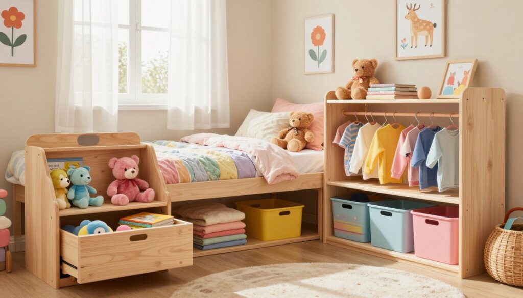 A cozy and charming little girl’s room designed for efficient storage, featuring a variety of creative solutions for clothes, books, and toys. In the foreground, a stylish wooden toy chest sits open, filled with colorful plush toys and books, while neatly organized shelves display neatly stacked children's clothes in vibrant bins. The middle ground showcases a small, comfortable bed with a pastel-colored quilt, adorned with fluffy pillows and a soft teddy bear. The background reveals a sunny window with sheer curtains, letting in warm, soft natural light that enhances the inviting atmosphere. The walls are painted in gentle colors, accentuated by cheerful wall art of flowers and animals, creating a joyful and playful environment. The overall mood is warm, inviting, and imaginative, perfect for a young girl’s sanctuary. A cozy and charming little girl’s room designed for efficient storage, featuring a variety of creative solutions for clothes, books, and toys. In the foreground, a stylish wooden toy chest sits open, filled with colorful plush toys and books, while neatly organized shelves display neatly stacked children's clothes in vibrant bins. The middle ground showcases a small, comfortable bed with a pastel-colored quilt, adorned with fluffy pillows and a soft teddy bear. The background reveals a sunny window with sheer curtains, letting in warm, soft natural light that enhances the inviting atmosphere. The walls are painted in gentle colors, accentuated by cheerful wall art of flowers and animals, creating a joyful and playful environment. The overall mood is warm, inviting, and imaginative, perfect for a young girl’s sanctuary.
