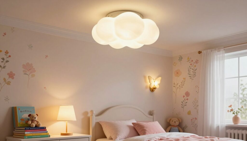 A cozy and inviting little girl's bedroom, featuring a blend of main, task, and decorative lighting. The foreground displays a beautifully arranged bedside lamp with a soft glow, illuminating a stack of colorful children's books and a plush stuffed animal. In the middle, a whimsical ceiling light shaped like a cloud casts warm light throughout the room, complementing a decorative wall sconce shaped like a butterfly. The background shows whimsical wallpaper with pastel colors and delicate floral patterns, along with a window adorned with sheer curtains allowing natural light to filter in. The overall atmosphere is warm, cheerful, and nurturing, perfect for a little girl's retreat, captured in bright, inviting colors and soft shadows. The image is taken from a slightly elevated angle to fully showcase the room's layout and lighting effects. A cozy and inviting little girl's bedroom, featuring a blend of main, task, and decorative lighting. The foreground displays a beautifully arranged bedside lamp with a soft glow, illuminating a stack of colorful children's books and a plush stuffed animal. In the middle, a whimsical ceiling light shaped like a cloud casts warm light throughout the room, complementing a decorative wall sconce shaped like a butterfly. The background shows whimsical wallpaper with pastel colors and delicate floral patterns, along with a window adorned with sheer curtains allowing natural light to filter in. The overall atmosphere is warm, cheerful, and nurturing, perfect for a little girl's retreat, captured in bright, inviting colors and soft shadows. The image is taken from a slightly elevated angle to fully showcase the room's layout and lighting effects.