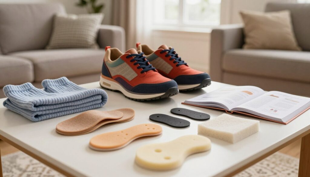 A cozy home setting featuring various methods to adjust oversized shoes without altering their structure. In the foreground, a neatly arranged table displays a selection of shoe inserts, thick socks, and DIY padding materials like foam or gel. Mid-ground details include a pair of stylish, slightly too large shoes in a vibrant color, positioned next to an instruction booklet open to DIY tips. The background shows a well-lit living room with soft natural light streaming through a window, enhancing warmth and homeliness. The mood is practical and inviting, emphasizing comfort and resourcefulness in solving everyday problems. Focused, slightly angled view to highlight the textures and materials used in home shoe adjustment techniques.