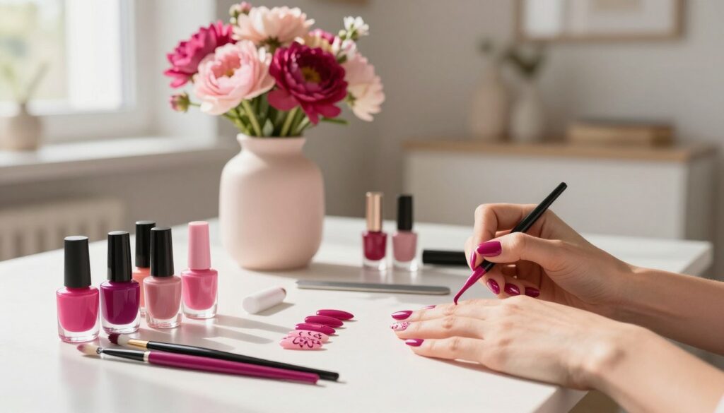A cozy home workspace featuring a stylish nail art setup to create fuchsia-themed nail designs. In the foreground, a well-lit table displays various nail polish bottles in shades of fuchsia, pink, and complementary colors alongside nail tools like brushes and a nail file. An elegant hand is applying a glossy fuchsia polish to a set of well-manicured nails, showcasing intricate nail art with floral patterns. In the middle ground, a stylishly arranged vase of fresh flowers in matching colors adds vibrancy. The background is softly blurred, resembling a cozy, well-decorated room with warm light streaming in from a nearby window, creating an inviting and creative atmosphere. The image conveys a sense of elegance and homey artistry.
