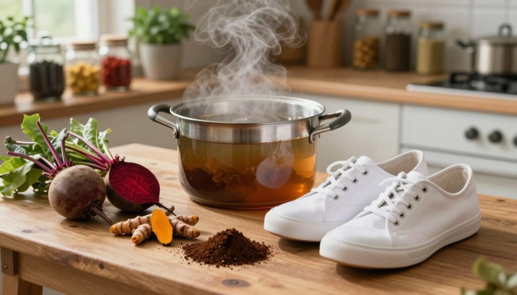 A cozy kitchen scene showcasing methods for dyeing shoes at home. In the foreground, a rustic wooden table displays various natural dyeing materials such as beetroot, turmeric, and coffee grounds, alongside a pair of plain white canvas shoes waiting to be transformed. The middle ground features a warm, soft light illuminating a pot of boiling water infused with the dye materials, steam rising gently into the air. In the background, shelves filled with jars of spices and plants create an inviting atmosphere. The image should evoke a sense of homemade charm and creativity, capturing the essence of eco-friendly shoe dyeing without chemical products. Favor natural lighting to enhance the textures and details of the materials used. A cozy kitchen scene showcasing methods for dyeing shoes at home. In the foreground, a rustic wooden table displays various natural dyeing materials such as beetroot, turmeric, and coffee grounds, alongside a pair of plain white canvas shoes waiting to be transformed. The middle ground features a warm, soft light illuminating a pot of boiling water infused with the dye materials, steam rising gently into the air. In the background, shelves filled with jars of spices and plants create an inviting atmosphere. The image should evoke a sense of homemade charm and creativity, capturing the essence of eco-friendly shoe dyeing without chemical products. Favor natural lighting to enhance the textures and details of the materials used.