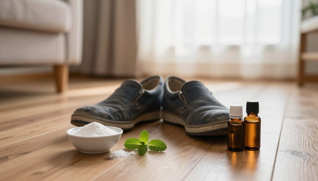 A cozy living room scene featuring a pair of worn-out shoes placed on a wooden floor, surrounded by various natural remedies for bad shoe odors. In the foreground, include a small bowl of baking soda, a sprig of fresh mint, and a pair of essential oil bottles. In the middle, the shoes slightly open, showcasing their interior. The background features a softly lit window with sheer curtains, allowing warm sunlight to filter in, creating a welcoming mood. The overall atmosphere should be inviting and peaceful, reflecting a homey environment. Emphasize the textures of the wooden floor and the shoes, using a shallow depth of field to focus on the remedies, while blurring the background slightly to enhance the visual depth.
