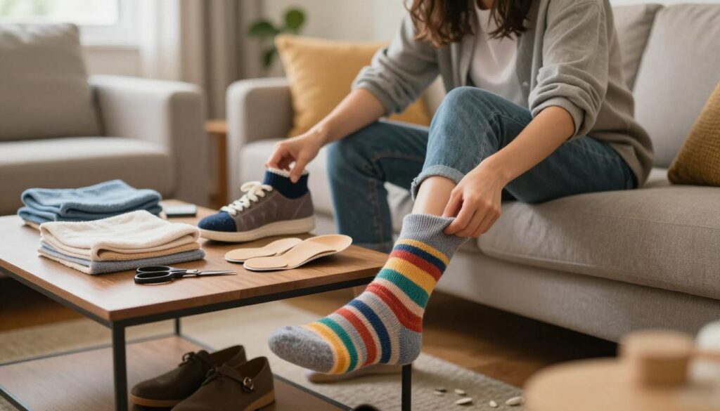 A cozy living room setting where a person, dressed in modest casual clothing, is seated on a comfortable sofa, playfully trying on several pairs of oversized shoes. The foreground features a close-up of thick, colorful socks being pulled over the shoes, emphasizing home remedies for fitting issues. In the middle ground, a coffee table is scattered with household items like folded towels, shoe padding, and a pair of scissors, suggesting DIY solutions. The background shows a softly lit room with warm colors, creating a welcoming atmosphere. The overall mood conveys a sense of creativity and practical problem-solving in a home context, captured with natural light for a warm, inviting tone. A cozy living room setting where a person, dressed in modest casual clothing, is seated on a comfortable sofa, playfully trying on several pairs of oversized shoes. The foreground features a close-up of thick, colorful socks being pulled over the shoes, emphasizing home remedies for fitting issues. In the middle ground, a coffee table is scattered with household items like folded towels, shoe padding, and a pair of scissors, suggesting DIY solutions. The background shows a softly lit room with warm colors, creating a welcoming atmosphere. The overall mood conveys a sense of creativity and practical problem-solving in a home context, captured with natural light for a warm, inviting tone.