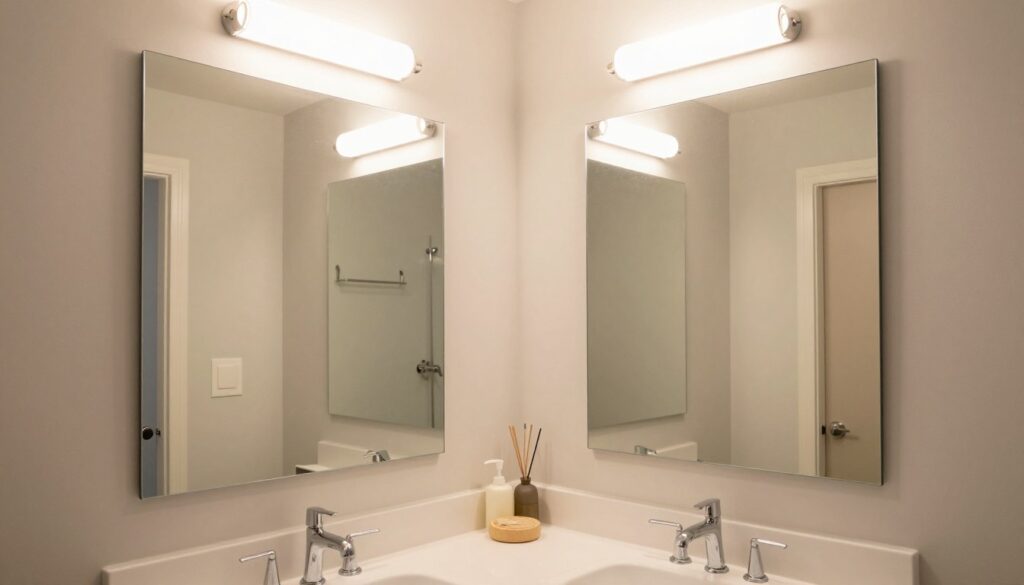 A cozy, small bathroom designed to enhance the sense of space through mirrors and lighting. In the foreground, a large, elegant wall-mounted mirror reflects the room, surrounded by stylish, modern fixtures. The middle section features soft, ambient lighting from recessed ceiling lights, casting a warm glow that brightens the space. The walls are painted in light, neutral colors, and subtle accents of pastel add character without overwhelming. In the background, a compact vanity with storage and minimalist decor completes the look. The scene should evoke a tranquil, spacious atmosphere, inviting relaxation. The image is captured from a slight angle, showcasing the depth and spaciousness created by the mirrors and lighting.