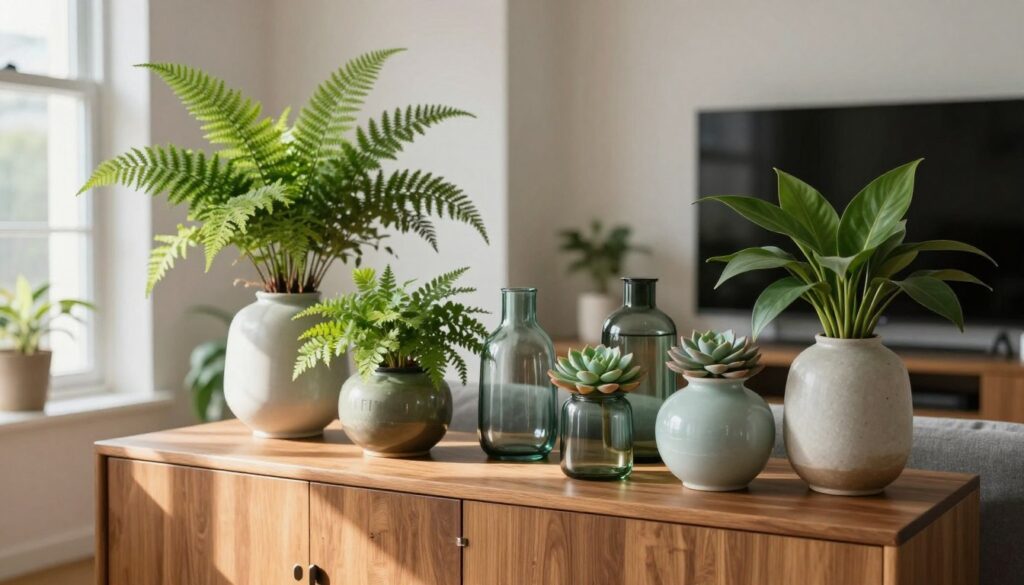 A cozy, stylish living room featuring an elegant RTV cabinet filled with various plants and vases. The foreground showcases a sleek wooden cabinet adorned with a variety of lush green plants, such as ferns and succulents, in sophisticated ceramic and glass vases of different shapes and sizes. The middle ground highlights a well-lit space, with natural sunlight streaming through a nearby window, casting soft shadows and adding warmth. The background includes a subtle glimpse of a modern television, emphasizing the arrangements in the cabinet without diverting attention. Create a serene and inviting atmosphere, evoking a sense of tranquility and natural beauty. The image should be brightly lit, showcasing the vibrancy of the plants, with a focus on texture and color contrasts among the vases. A cozy, stylish living room featuring an elegant RTV cabinet filled with various plants and vases. The foreground showcases a sleek wooden cabinet adorned with a variety of lush green plants, such as ferns and succulents, in sophisticated ceramic and glass vases of different shapes and sizes. The middle ground highlights a well-lit space, with natural sunlight streaming through a nearby window, casting soft shadows and adding warmth. The background includes a subtle glimpse of a modern television, emphasizing the arrangements in the cabinet without diverting attention. Create a serene and inviting atmosphere, evoking a sense of tranquility and natural beauty. The image should be brightly lit, showcasing the vibrancy of the plants, with a focus on texture and color contrasts among the vases.