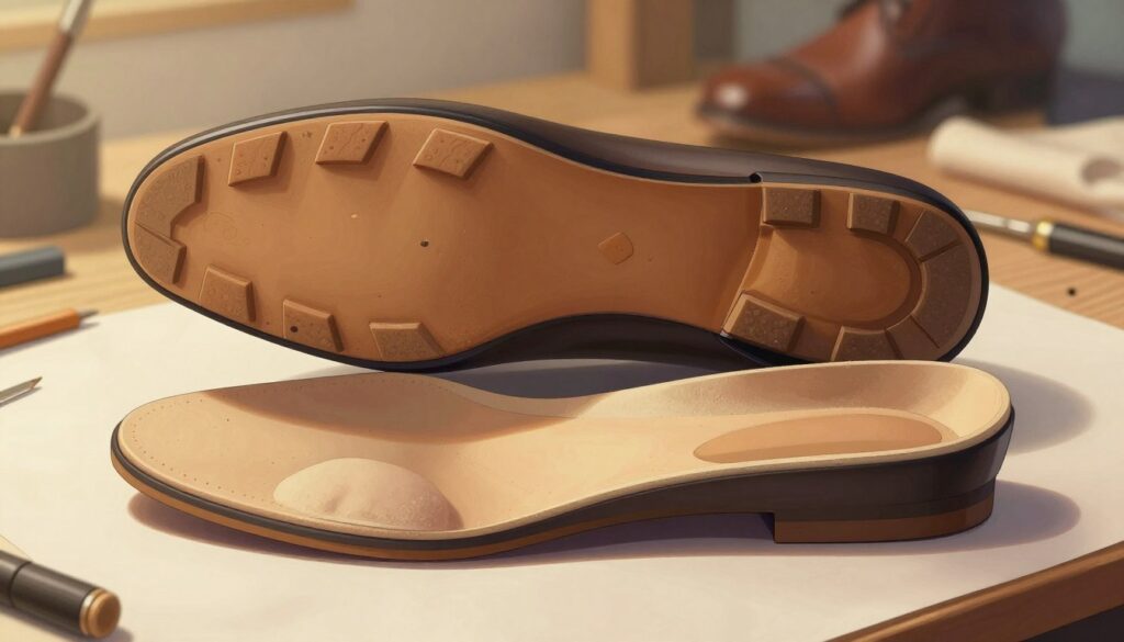 A detailed and realistic illustration of a shoe's sole and insole, showcasing different layers and materials. The foreground features a close-up of the shoe's outsole, highlighting its texture and tread patterns in high detail. The middle layer reveals the insole, with cushions and arch support clearly visible, illustrating its role in comfort. The background consists of a soft, blurred environment, resembling a workshop or footwear design studio with tools and fabrics scattered, emphasizing the crafting process. The lighting is warm and inviting, casting gentle shadows to enhance depth. The overall mood conveys a sense of craftsmanship and attention to detail in shoe design, showcasing the importance of each component.