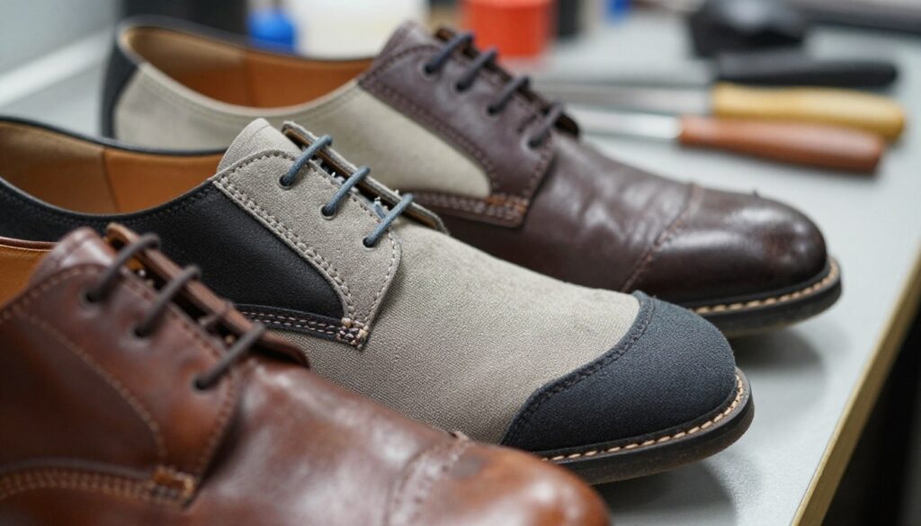 A detailed close-up view of various elements of a shoe's upper, showcasing materials like leather, textile, and synthetic fabrics. In the foreground, focus on intricate stitching patterns and texture contrasts, highlighting details like eyelets and overlays. The middle layer features partial views of the shoe upper, emphasizing sections such as the toe cap and heel counter. The background should be softly blurred, evoking a professional workshop environment with tools and materials lightly visible, creating an atmosphere of craftsmanship and design. Use soft, diffused lighting to enhance the textures and colors, and capture the image at a slight angle to give depth and dimension. The overall mood should be informative and engaging, emphasizing the importance of these elements in footwear design.