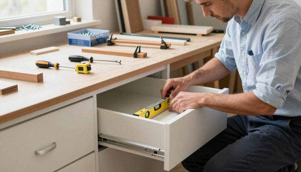 A detailed scene of a professional-looking workshop environment focused on the adjustment of drawer slides during furniture assembly. In the foreground, a skilled craftsman in a neat button-up shirt and dark trousers is kneeling beside a partially assembled dresser, using a level tool on the drawer. The middle ground showcases various tools neatly arranged, including a screwdriver, a measuring tape, and wood clamps placed on a sturdy workbench. The background features shelving with boxes of screws and additional furniture components, softly lit by natural light filtering through a nearby window. The atmosphere is focused and methodical, reflecting the precision required for assembling furniture correctly without common errors. A detailed scene of a professional-looking workshop environment focused on the adjustment of drawer slides during furniture assembly. In the foreground, a skilled craftsman in a neat button-up shirt and dark trousers is kneeling beside a partially assembled dresser, using a level tool on the drawer. The middle ground showcases various tools neatly arranged, including a screwdriver, a measuring tape, and wood clamps placed on a sturdy workbench. The background features shelving with boxes of screws and additional furniture components, softly lit by natural light filtering through a nearby window. The atmosphere is focused and methodical, reflecting the precision required for assembling furniture correctly without common errors.