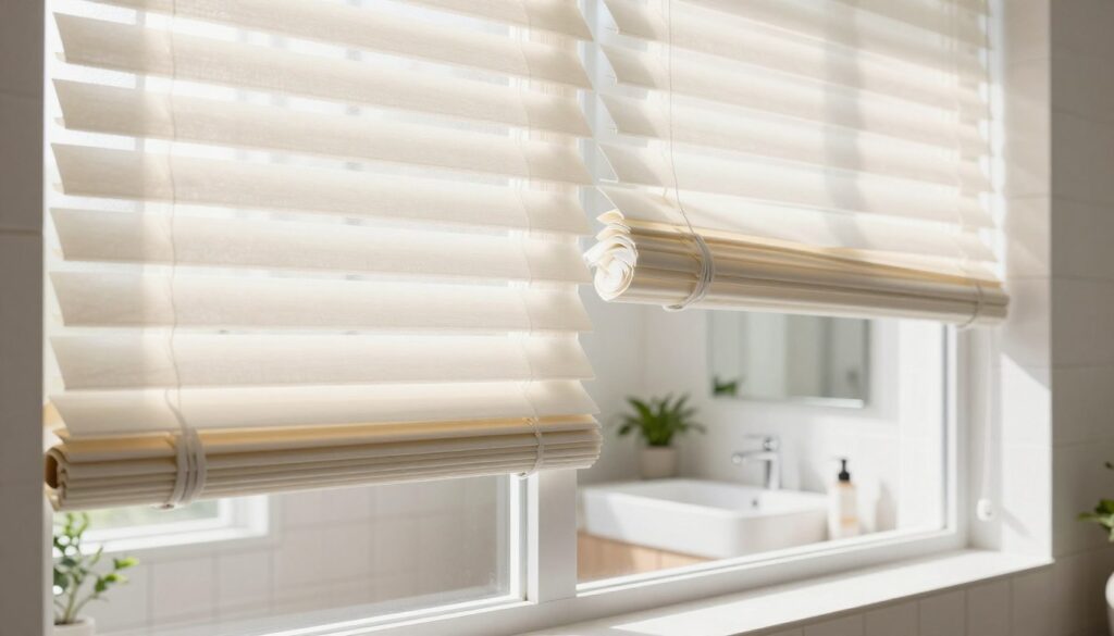 A modern bathroom featuring elegant pleated blinds ("plisy") on a large window, allowing soft, diffused sunlight to filter through. In the foreground, the blinds are partially raised, showcasing their intricate folds and textures. The middle section of the image highlights a stylish, minimalistic sink and mirror, with potted plants for a touch of greenery. The background reveals subtle hints of tiled walls and a soothing color palette of whites and pastels, enhancing the serene atmosphere. The lighting is bright yet soft, creating an inviting and tranquil vibe. Capture this scene from a slightly elevated angle to emphasize the clever blend of privacy, functionality, and aesthetic appeal in the bathroom design. A modern bathroom featuring elegant pleated blinds ("plisy") on a large window, allowing soft, diffused sunlight to filter through. In the foreground, the blinds are partially raised, showcasing their intricate folds and textures. The middle section of the image highlights a stylish, minimalistic sink and mirror, with potted plants for a touch of greenery. The background reveals subtle hints of tiled walls and a soothing color palette of whites and pastels, enhancing the serene atmosphere. The lighting is bright yet soft, creating an inviting and tranquil vibe. Capture this scene from a slightly elevated angle to emphasize the clever blend of privacy, functionality, and aesthetic appeal in the bathroom design.