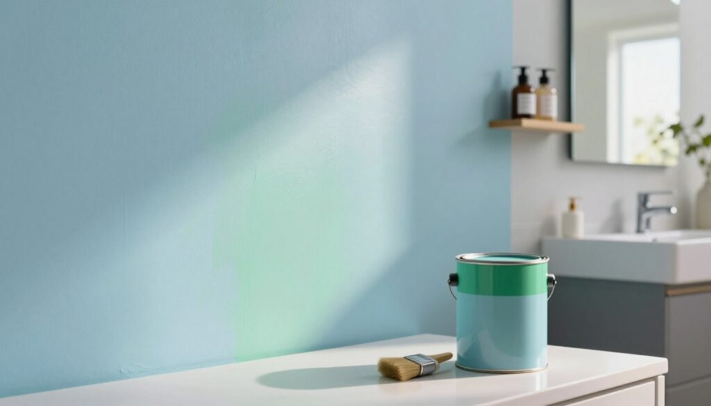 A modern bathroom interior showcasing latex paint on the walls, emphasizing the durability and easy-to-clean features suitable for humid environments. In the foreground, a stylish paint can and brush rest on a pristine countertop, highlighting vibrant colors like soft blues and refreshing greens. In the middle ground, the freshly painted walls display a smooth finish, with subtle reflections of light to emphasize cleanliness. The background features elegant bathroom fixtures, such as a sleek mirror and minimalist shelving filled with toiletries. Warm, natural lighting streams in from a window, creating a welcoming atmosphere while casting gentle shadows. The overall mood is serene and hygienic, ideal for illustrating the benefits of latex paints in bathroom settings. A modern bathroom interior showcasing latex paint on the walls, emphasizing the durability and easy-to-clean features suitable for humid environments. In the foreground, a stylish paint can and brush rest on a pristine countertop, highlighting vibrant colors like soft blues and refreshing greens. In the middle ground, the freshly painted walls display a smooth finish, with subtle reflections of light to emphasize cleanliness. The background features elegant bathroom fixtures, such as a sleek mirror and minimalist shelving filled with toiletries. Warm, natural lighting streams in from a window, creating a welcoming atmosphere while casting gentle shadows. The overall mood is serene and hygienic, ideal for illustrating the benefits of latex paints in bathroom settings.