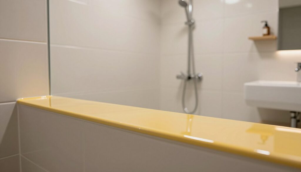 A modern bathroom showcasing the application of epoxy and polyurethane coatings instead of traditional tiles in a wet zone. The foreground features a close-up view of a smooth, glossy surface painted with a vibrant, water-resistant paint, reflecting light. In the middle ground, a beautifully designed shower area demonstrates seamless, painted walls that exude a clean and contemporary look. The backdrop reveals stylish bathroom fixtures, including a sleek showerhead and elegant shelving, all set in soft, ambient lighting that creates a calming atmosphere. The angle captures both the texture of the coating and the sophisticated aesthetics of the space, emphasizing functionality and elegance in wet areas. The overall mood is refreshing and inviting, perfect for modern interior design. A modern bathroom showcasing the application of epoxy and polyurethane coatings instead of traditional tiles in a wet zone. The foreground features a close-up view of a smooth, glossy surface painted with a vibrant, water-resistant paint, reflecting light. In the middle ground, a beautifully designed shower area demonstrates seamless, painted walls that exude a clean and contemporary look. The backdrop reveals stylish bathroom fixtures, including a sleek showerhead and elegant shelving, all set in soft, ambient lighting that creates a calming atmosphere. The angle captures both the texture of the coating and the sophisticated aesthetics of the space, emphasizing functionality and elegance in wet areas. The overall mood is refreshing and inviting, perfect for modern interior design.