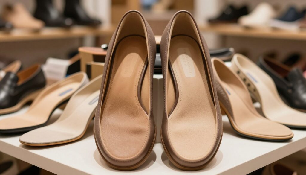 A pair of large, stylish shoes sits prominently in the foreground, showcasing their spacious interiors. Inside each shoe, neatly positioned, are specialized insoles designed to enhance fit and comfort, featuring ergonomic shapes and soft textures. The middle ground includes a subtle display of various types of insoles, emphasizing their diversity — from cushioned foam to arch support variants, all arranged harmoniously. The background is softly blurred, showcasing a cozy shoe store ambiance with warm lighting that casts a gentle glow, creating an inviting atmosphere. The focus is on the insoles and shoes, with a shallow depth of field that keeps attention on the subject. The mood is practical yet stylish, reflecting the notion of improving footwear fit without compromise. A pair of large, stylish shoes sits prominently in the foreground, showcasing their spacious interiors. Inside each shoe, neatly positioned, are specialized insoles designed to enhance fit and comfort, featuring ergonomic shapes and soft textures. The middle ground includes a subtle display of various types of insoles, emphasizing their diversity — from cushioned foam to arch support variants, all arranged harmoniously. The background is softly blurred, showcasing a cozy shoe store ambiance with warm lighting that casts a gentle glow, creating an inviting atmosphere. The focus is on the insoles and shoes, with a shallow depth of field that keeps attention on the subject. The mood is practical yet stylish, reflecting the notion of improving footwear fit without compromise.