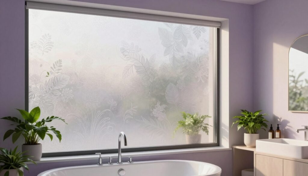 A serene bathroom interior featuring a large window covered with decorative privacy window film. The film has an elegant frosted design, allowing diffused natural light to enter while maintaining privacy. In the foreground, a stylish bathtub with modern fixtures is visible, accompanied by lush green plants on a small shelf. The middle ground showcases the beautifully applied window film, glistening subtly in the soft morning light. In the background, muted lavender walls and minimalist decor create a soothing ambiance. The scene is illuminated by warm, natural sunlight filtering through the frosted film, casting gentle shadows, enhancing the tranquil and aesthetic atmosphere of the bathroom space. A serene bathroom interior featuring a large window covered with decorative privacy window film. The film has an elegant frosted design, allowing diffused natural light to enter while maintaining privacy. In the foreground, a stylish bathtub with modern fixtures is visible, accompanied by lush green plants on a small shelf. The middle ground showcases the beautifully applied window film, glistening subtly in the soft morning light. In the background, muted lavender walls and minimalist decor create a soothing ambiance. The scene is illuminated by warm, natural sunlight filtering through the frosted film, casting gentle shadows, enhancing the tranquil and aesthetic atmosphere of the bathroom space.