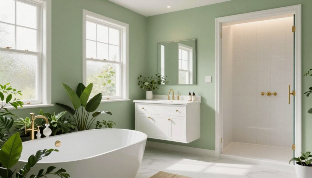A serene green bathroom elegantly combined with white accents, showcasing a modern design. In the foreground, a stylish freestanding bathtub surrounded by lush green plants and white decorative elements. The middle section features a sleek white vanity with gold fixtures and a large mirror reflecting the natural light filtering through a frosted window. The walls are painted a soft sage green, creating a fresh atmosphere. In the background, a white tiled shower area, enhanced by gentle, diffused lighting that creates a calm, inviting ambiance. Capture a spacious, airy feel with a warm and welcoming mood, emphasizing the harmony between green and white. Shoot from a slightly elevated angle to highlight the layout and depth of the space.
