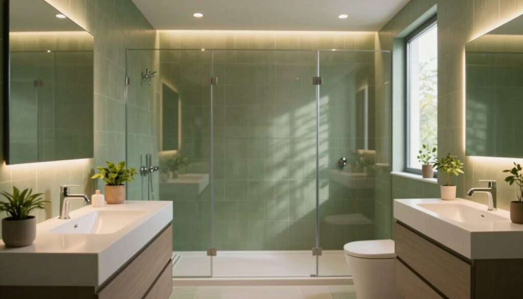 A serene green bathroom is softly illuminated by strategically placed warm LED lights, creating a calming atmosphere. In the foreground, a sleek white vanity with minimalist design complements the earthy green tiles, adorned with small potted plants. The middle ground features a spacious shower area with glass doors, reflecting gentle light patterns across the walls. In the background, a large window allows natural light to filter in, enhancing the organic feel of the space. The overall mood is tranquil and inviting, emphasizing comfort without overwhelming the senses. The perspective captures a wide angle, showcasing the harmonious blend of colors and materials, perfect for conveying sophisticated lighting choices. No people are present in the scene.