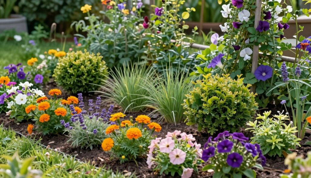 A serene small garden, showcasing an array of vibrant plants ideal for compact spaces. In the foreground, a variety of colorful flowering plants like marigolds, petunias, and lavender, arranged in neat clusters. The middle ground features neatly trimmed small shrubs and decorative grasses, providing texture and greenery. In the background, a well-placed trellis adorned with climbing plants like sweet peas and morning glories enhances vertical space. Soft sunlight bathes the scene, creating a warm, inviting atmosphere, with a focus on greenery and blooms. The angle is slightly elevated, capturing the garden's layout and colorful diversity, evoking a sense of tranquility and inspiration for small garden enthusiasts.