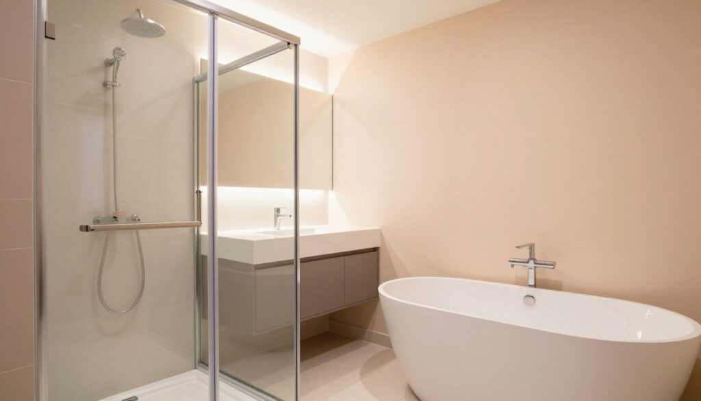A small bathroom featuring a modern shower cabin and a stylish bathtub, designed to maximize space. In the foreground, the sleek glass shower cabin with a polished chrome finish is contrasted against the elegant, white freestanding tub. In the middle, a minimalistic vanity with a large mirror reflects light, enhancing the sense of depth. The walls are painted in soft pastel colors, adding warmth and a spacious feel to the room. Soft, ambient lighting illuminates the space, creating a relaxing atmosphere. The background reveals tiles with a subtle texture, emphasizing cleanliness and simplicity. Capture this cozy yet functional setup from a slightly elevated angle to highlight the arrangement and flow of the space, ensuring the atmosphere feels inviting and well-organized.