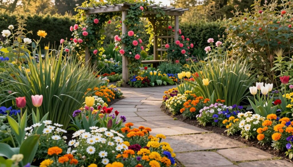 A small, charming flower garden designed for optimal visual appeal from spring to autumn. In the foreground, colorful blooms such as daisies, tulips, and marigolds in various hues create a vibrant display. The middle ground features an intricate stone path leading through the garden, flanked by lush green foliage and ornamental grasses, adding texture and depth. In the background, a quaint wooden trellis adorned with climbing roses and ivy. The scene is bathed in warm, golden sunlight, suggesting a late afternoon glow, casting gentle shadows that enhance the garden's features. The atmosphere is serene and inviting, encouraging a connection with nature. The perspective is slightly elevated, offering a panoramic view of the harmonious layout. A small, charming flower garden designed for optimal visual appeal from spring to autumn. In the foreground, colorful blooms such as daisies, tulips, and marigolds in various hues create a vibrant display. The middle ground features an intricate stone path leading through the garden, flanked by lush green foliage and ornamental grasses, adding texture and depth. In the background, a quaint wooden trellis adorned with climbing roses and ivy. The scene is bathed in warm, golden sunlight, suggesting a late afternoon glow, casting gentle shadows that enhance the garden's features. The atmosphere is serene and inviting, encouraging a connection with nature. The perspective is slightly elevated, offering a panoramic view of the harmonious layout.