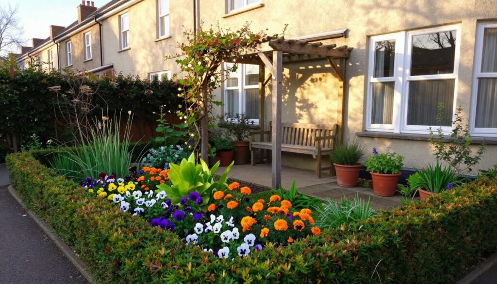 A small garden designed next to a row house, featuring a cozy and inviting layout. In the foreground, a lush patch of colorful flowers like pansies and marigolds, interspersed with vibrant green foliage. A neatly trimmed hedgerow borders the space, providing a sense of enclosure. In the middle ground, a small wooden pergola adorned with climbing vines and fairy lights offers a charming seating area with a rustic wooden bench. Potted plants and herbs line the path, leading through the garden. In the background, the row house stands modestly, with warm sunlight casting soft shadows. The atmosphere is tranquil and welcoming, ideal for relaxation. The scene is captured in soft, natural lighting, as if during the golden hour, emphasizing the garden's colors and textures.