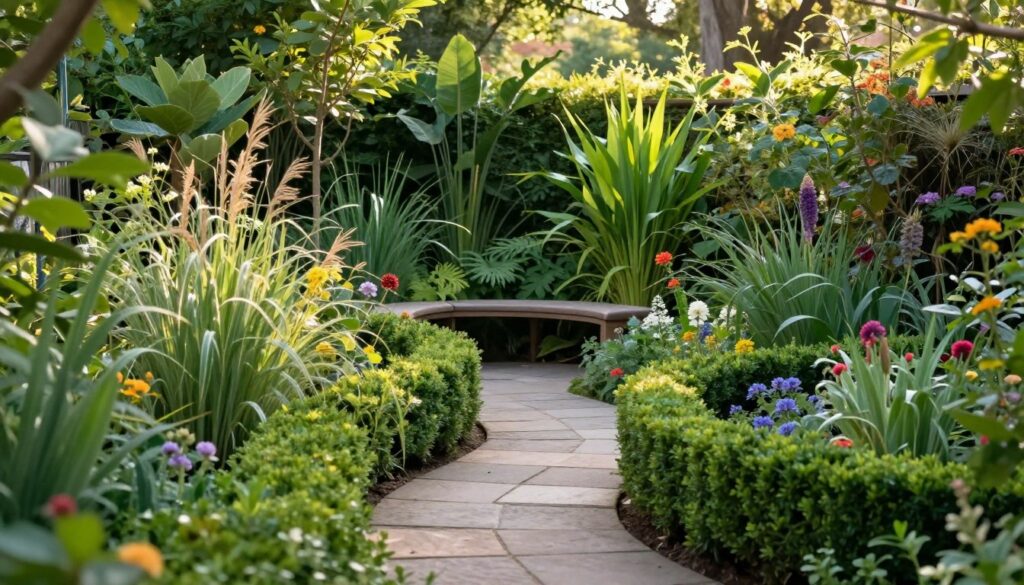 A small, secluded garden designed for privacy, featuring lush greenery and strategically placed plants. In the foreground, a winding stone path leads through a sanctuary of dense hedges, colorful flowers, and ornamental grasses. The middle ground showcases a cozy seating area with a comfortable bench, surrounded by tall, vibrant plants that create a sense of enclosure. The background is filled with soft sunlight filtering through the leaves, casting gentle shadows. The atmosphere is serene and inviting, perfect for relaxation. The image should capture an inviting garden space with a warm, comforting mood, ideally from a slightly elevated angle to give depth to the layers of greenery. A small, secluded garden designed for privacy, featuring lush greenery and strategically placed plants. In the foreground, a winding stone path leads through a sanctuary of dense hedges, colorful flowers, and ornamental grasses. The middle ground showcases a cozy seating area with a comfortable bench, surrounded by tall, vibrant plants that create a sense of enclosure. The background is filled with soft sunlight filtering through the leaves, casting gentle shadows. The atmosphere is serene and inviting, perfect for relaxation. The image should capture an inviting garden space with a warm, comforting mood, ideally from a slightly elevated angle to give depth to the layers of greenery.