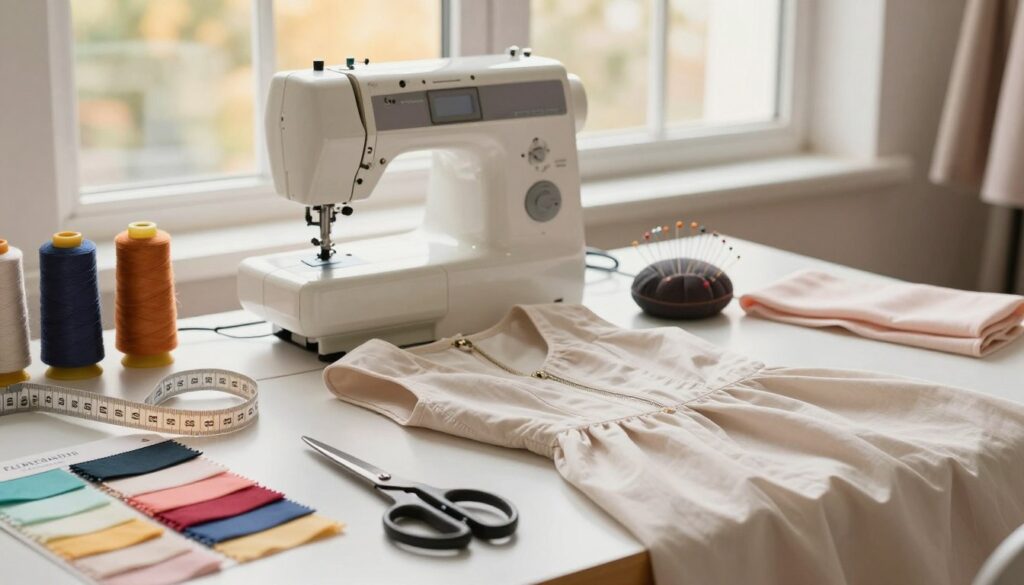 A softly lit sewing workspace, focusing on a partially unzipped women's dress laid on a clean table. In the foreground, a pair of sharp fabric scissors and a measuring tape rest next to colorful fabric swatches in various shades and textures, hinting at alterations. In the middle, a sewing machine stands ready, surrounded by spools of thread in harmonious colors, while a pin cushion filled with pins adds a splash of detail. In the background, a large window allows warm, natural light to pour in, creating an inviting and productive atmosphere. The mood is serene and focused, ideal for preparing materials for dress alterations, with a sense of creativity and craftsmanship evident throughout the scene. A softly lit sewing workspace, focusing on a partially unzipped women's dress laid on a clean table. In the foreground, a pair of sharp fabric scissors and a measuring tape rest next to colorful fabric swatches in various shades and textures, hinting at alterations. In the middle, a sewing machine stands ready, surrounded by spools of thread in harmonious colors, while a pin cushion filled with pins adds a splash of detail. In the background, a large window allows warm, natural light to pour in, creating an inviting and productive atmosphere. The mood is serene and focused, ideal for preparing materials for dress alterations, with a sense of creativity and craftsmanship evident throughout the scene.