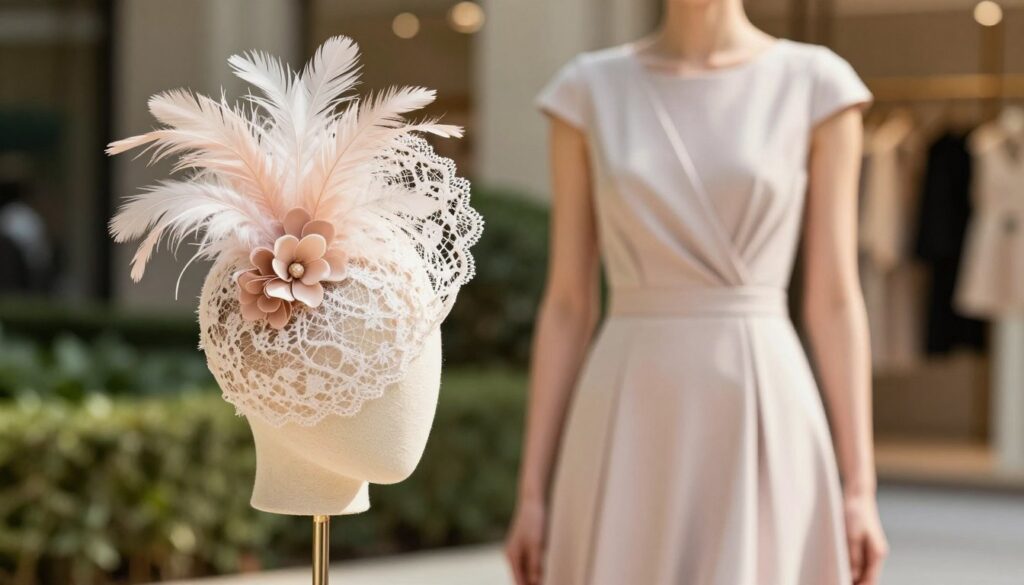 A sophisticated fashion scene featuring an elegant fascinator paired with a stylish dress. In the foreground, display the fascinator — a delicate combination of feathers and lace in soft pastel colors, intricately designed with floral accents. In the middle ground, showcase a chic, full-length dress, beautifully draped, with an A-line silhouette that complements the fascinator, highlighting appropriate proportions. The model is wearing modest but fashionable attire, exuding elegance. Set the scene in a well-lit environment with soft natural light filtering in, creating a warm atmosphere. The background should be a blurred, refined setting, perhaps an outdoor garden or a stylish boutique, enhancing the overall elegance and sophistication of the composition. Capture the mood of grace and refinement. A sophisticated fashion scene featuring an elegant fascinator paired with a stylish dress. In the foreground, display the fascinator — a delicate combination of feathers and lace in soft pastel colors, intricately designed with floral accents. In the middle ground, showcase a chic, full-length dress, beautifully draped, with an A-line silhouette that complements the fascinator, highlighting appropriate proportions. The model is wearing modest but fashionable attire, exuding elegance. Set the scene in a well-lit environment with soft natural light filtering in, creating a warm atmosphere. The background should be a blurred, refined setting, perhaps an outdoor garden or a stylish boutique, enhancing the overall elegance and sophistication of the composition. Capture the mood of grace and refinement.