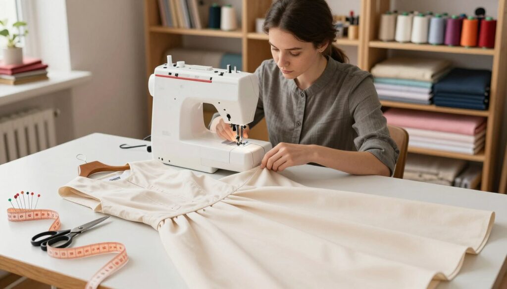 A step-by-step illustration of widening a dress, focusing on the process. In the foreground, a close-up of a tailored dress on a sewing table, with tools like scissors, measuring tape, and pins artfully arranged. The middle layer shows a seamstress carefully using a sewing machine, dressed in professional attire, adjusting the fabric to widen it accurately. In the background, shelves filled with colorful fabrics and sewing supplies create a cozy workshop atmosphere. The lighting is warm and inviting, highlighting the textures of the materials. The overall mood is focused and creative, showcasing the art of sewing and garment modification. A step-by-step illustration of widening a dress, focusing on the process. In the foreground, a close-up of a tailored dress on a sewing table, with tools like scissors, measuring tape, and pins artfully arranged. The middle layer shows a seamstress carefully using a sewing machine, dressed in professional attire, adjusting the fabric to widen it accurately. In the background, shelves filled with colorful fabrics and sewing supplies create a cozy workshop atmosphere. The lighting is warm and inviting, highlighting the textures of the materials. The overall mood is focused and creative, showcasing the art of sewing and garment modification.