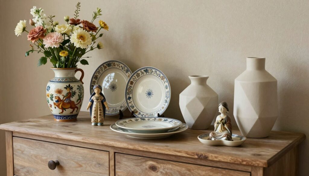 A stylish dresser arrangement featuring an elegant display of figurines, ceramics, and vases in various designs. In the foreground, a beautifully hand-painted ceramic vase filled with fresh flowers, complemented by a small, intricately crafted figurine. The middle layer showcases a series of decorative plates and a modern geometric vase, arranged harmoniously with attention to balance. The background features a softly textured wall, adding warmth to the scene. The lighting is soft and diffused, creating a serene atmosphere. The composition is captured from a slightly elevated angle, highlighting the depth and variety of the displayed items. This arrangement reflects a contemporary aesthetic, blending rustic charm with modern elegance.